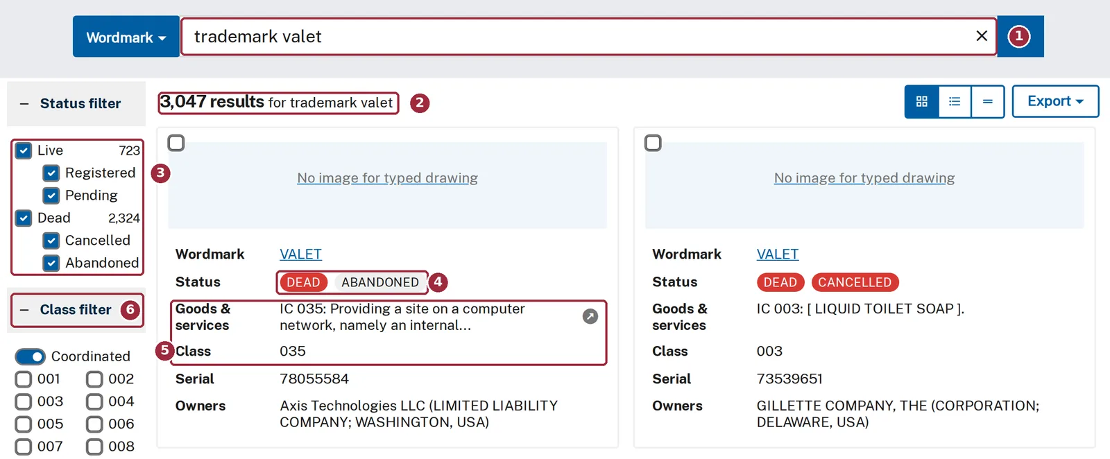 Annotated screenshot of USPTO Trademark Search results for the search trademark valet